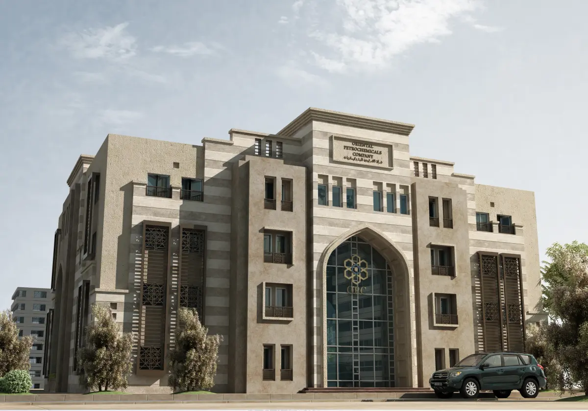 Architectural visualisation of the Oriental Petrochemicals administrative building with an arched glazed entrance and stone-toned façades