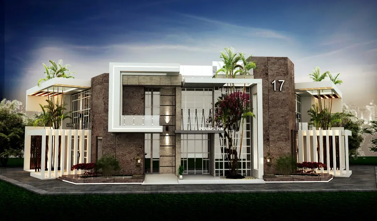 Architectural visualisation of the Peninsuna Sharm hotel-renovation study with white frames, stone-textured walls and planted terraces